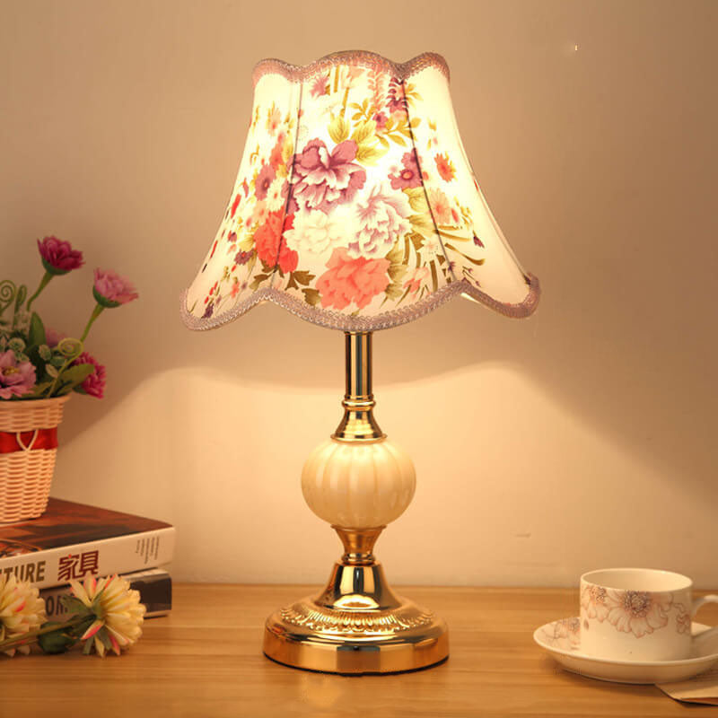 Nordic Vintage Floral Table Lamp | Glass Fabric Shade | Elegant Bedroom Bedside Decor | Lologe