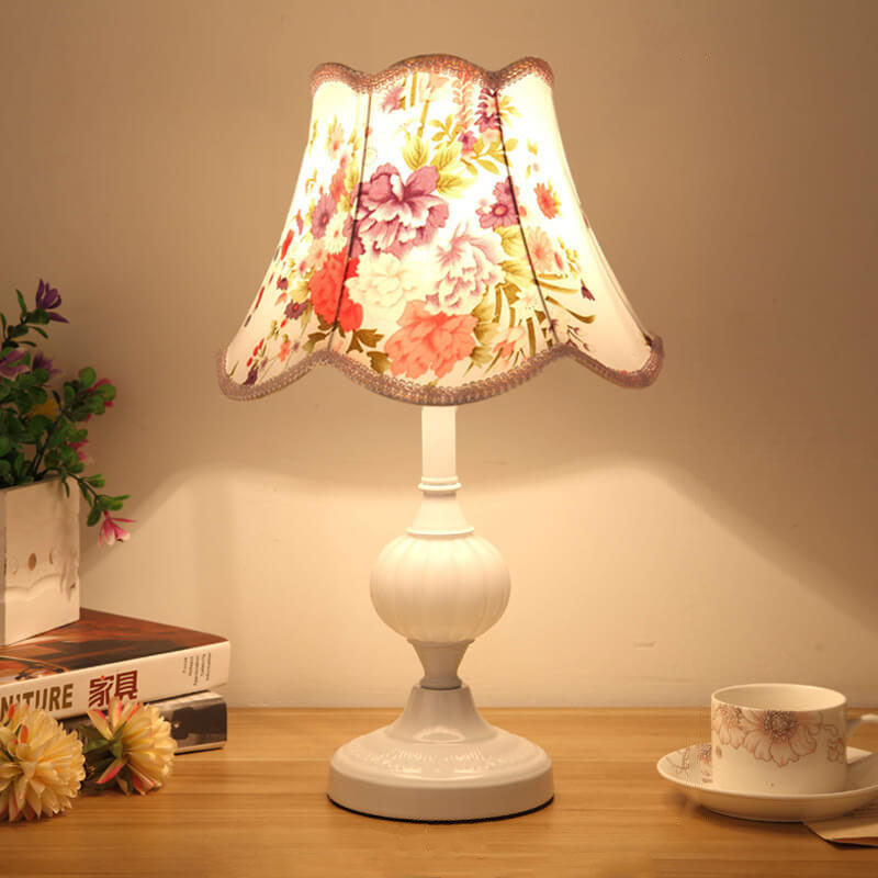 Nordic Vintage Floral Table Lamp | Glass Fabric Shade | Elegant Bedroom Bedside Decor | Lologe