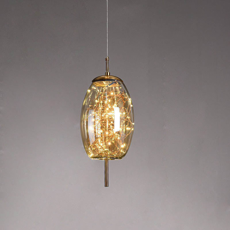 Glass Pendant Light for Bedroom | Scandinavian Cylinder Oval Amber Glass | Lologe