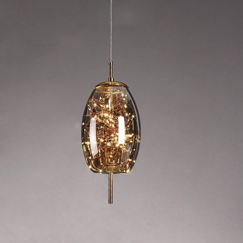 Glass Pendant Light for Bedroom | Scandinavian Cylinder Oval Amber Glass | Lologe