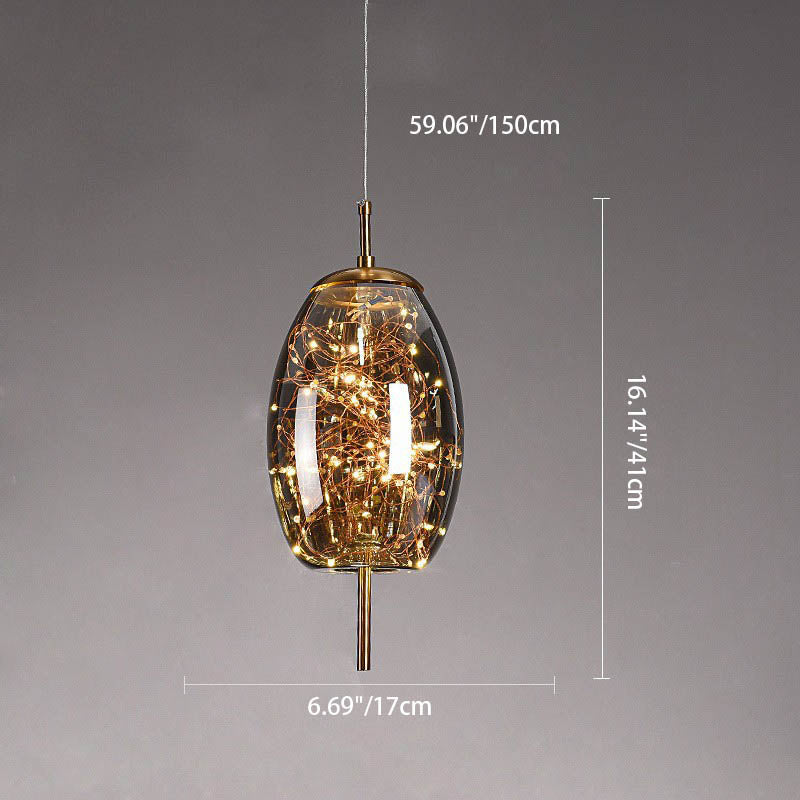 Glass Pendant Light for Bedroom | Scandinavian Cylinder Oval Amber Glass | Lologe