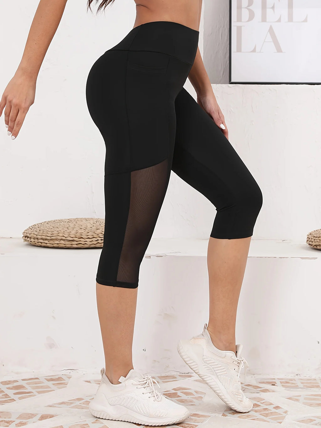 Women's Mesh Splicing With Pockets High Waist Yoga Pants Capri Tummy Tuck Exercise Leggings