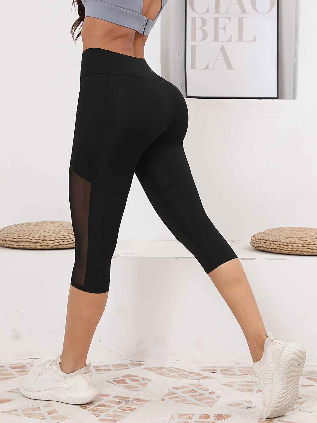 Women's Mesh Splicing With Pockets High Waist Yoga Pants Capri Tummy Tuck Exercise Leggings