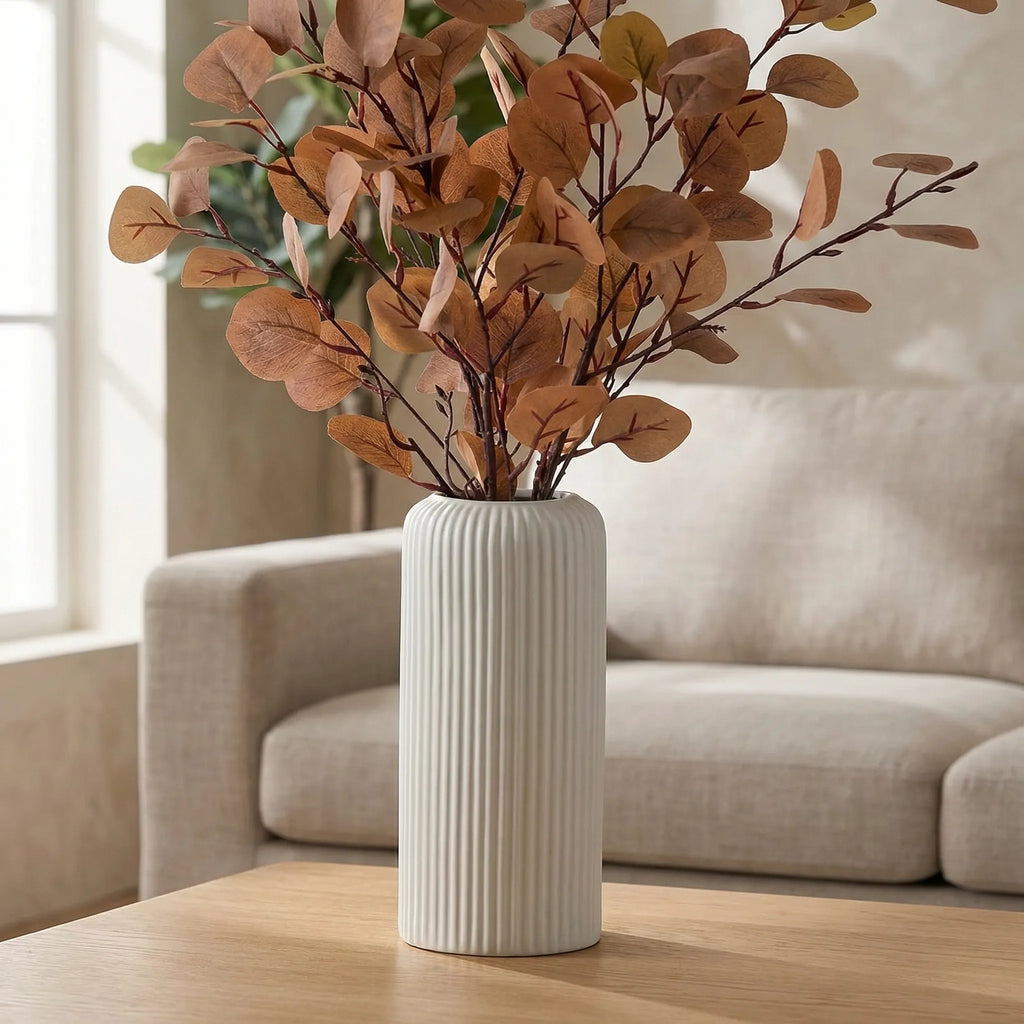 Stripova - Ribbed Ceramic-Look Decorative Vase- Displaying Fresh Flowers