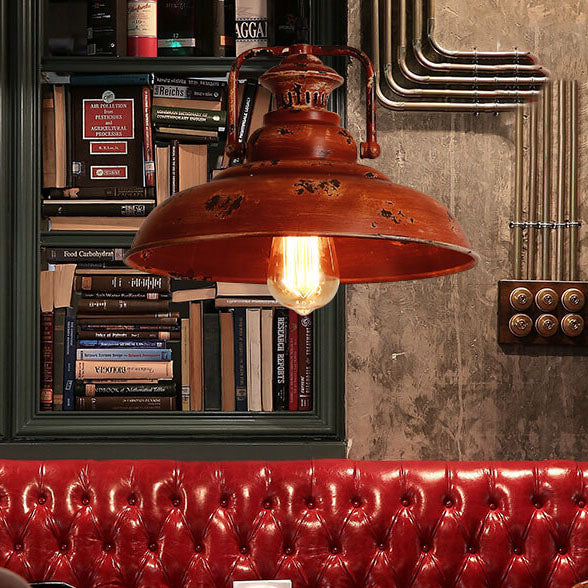 Industrial Dome Pendant Light | Dining Room Ambience | Iron Red Rust Finish | Lologe