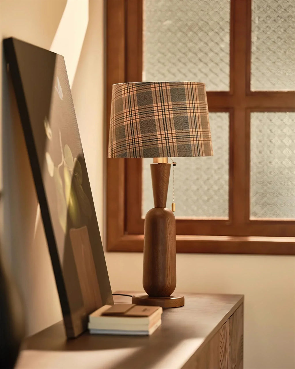 Vintage Plaid Table Lamp | Fabric Shade Bedside Light for Bedroom | Lologe