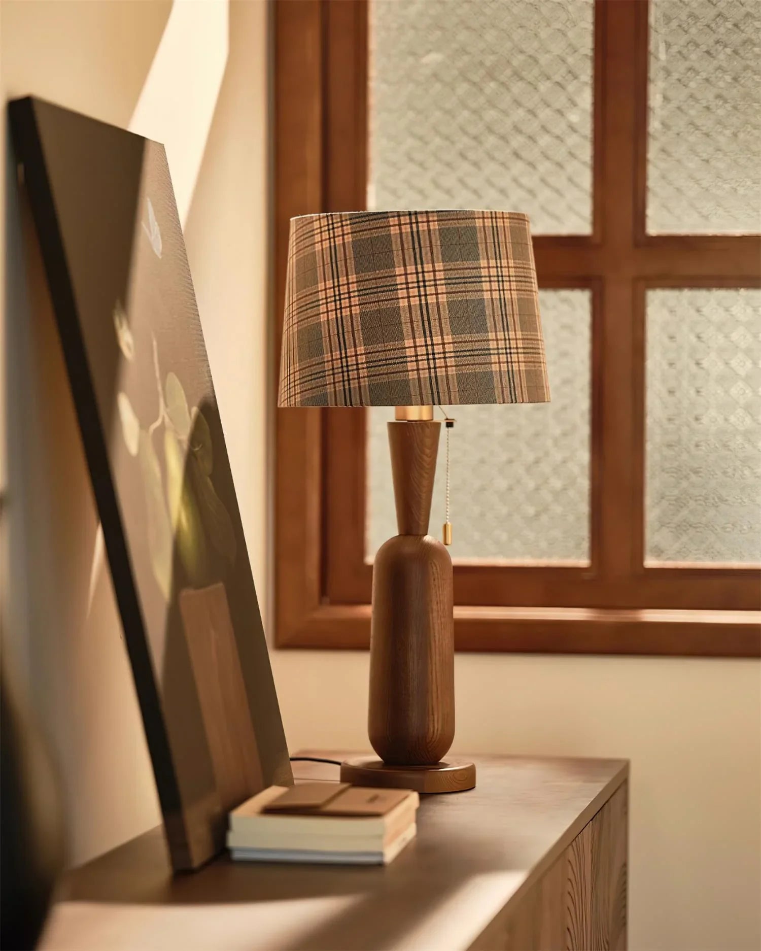 Vintage Plaid Table Lamp | Fabric Shade Bedside Light for Bedroom | Lologe