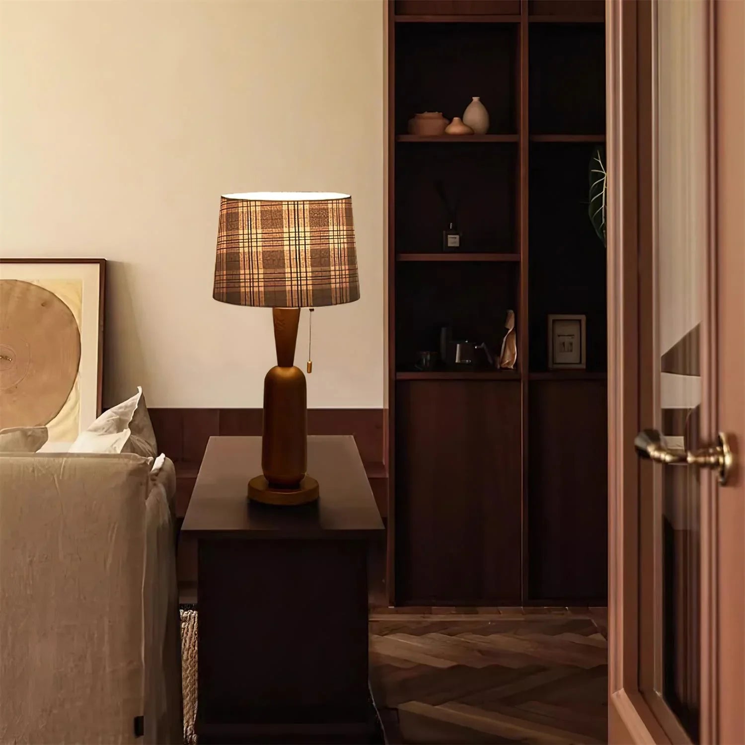 Vintage Plaid Table Lamp | Fabric Shade Bedside Light for Bedroom | Lologe
