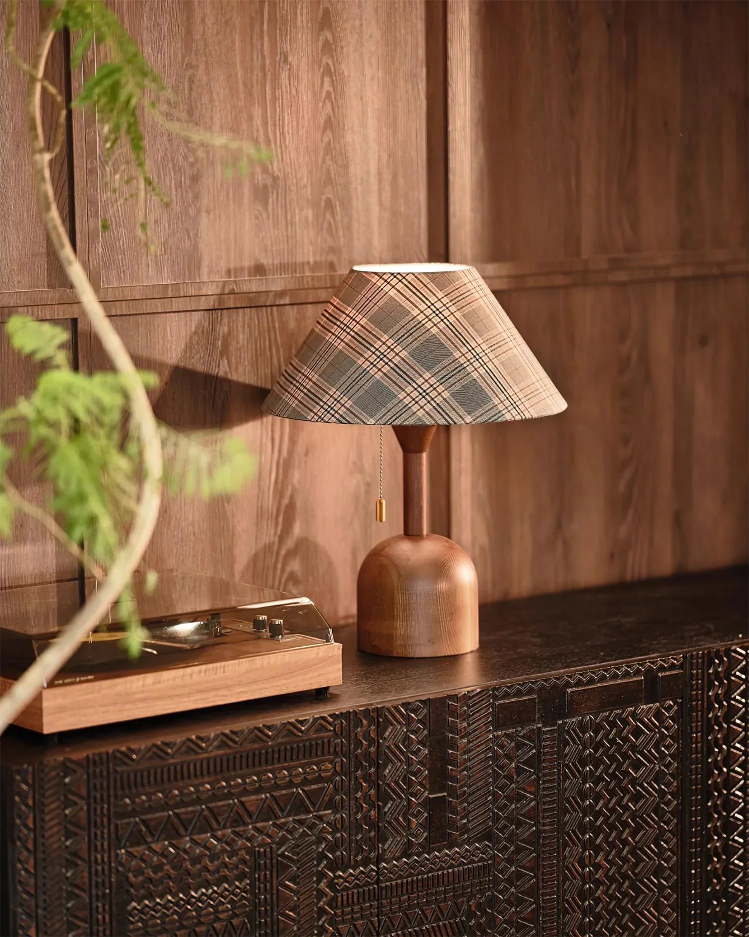 Vintage Plaid Table Lamp | Fabric Shade Bedside Light for Bedroom | Lologe