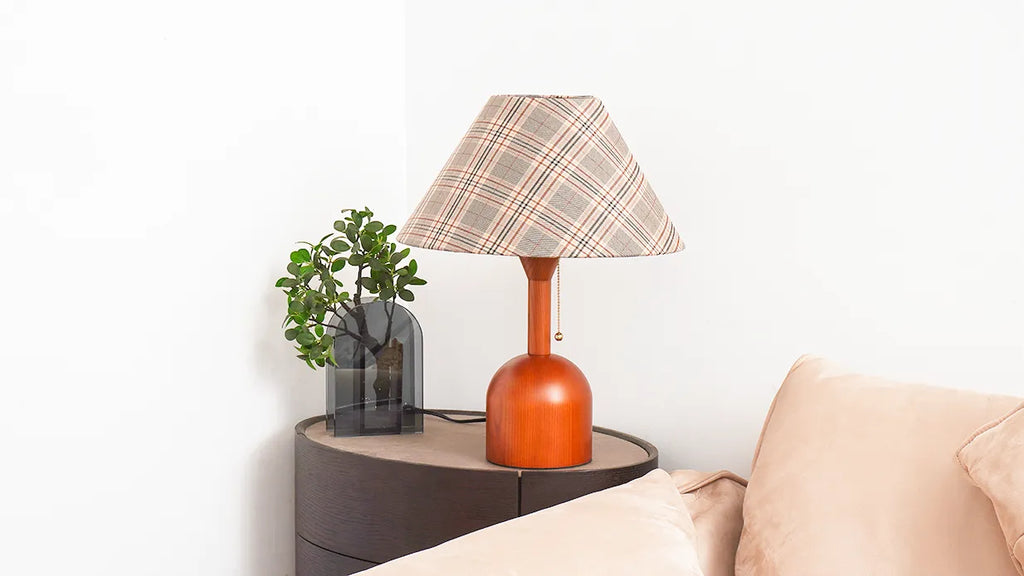 Vintage Plaid Table Lamp | Fabric Shade Bedside Light for Bedroom | Lologe