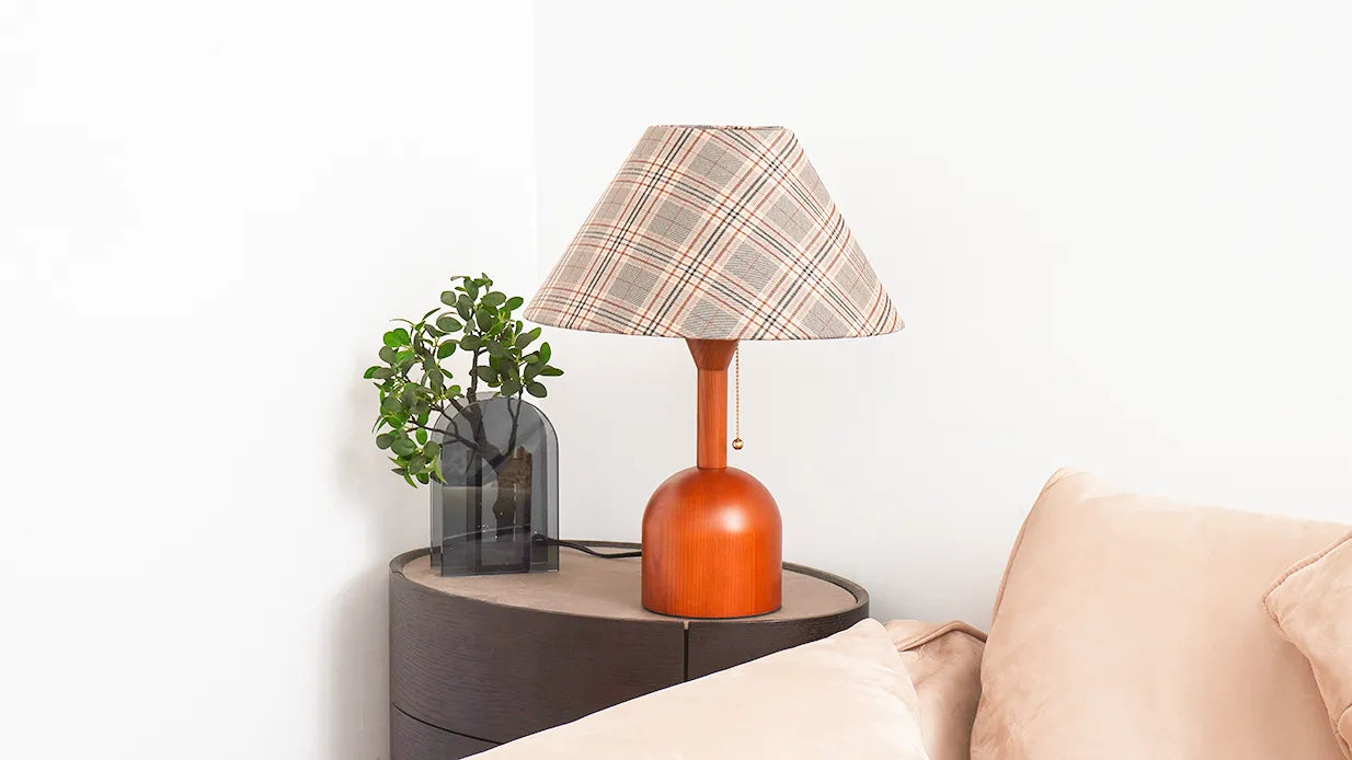 Vintage Plaid Table Lamp | Fabric Shade Bedside Light for Bedroom | Lologe