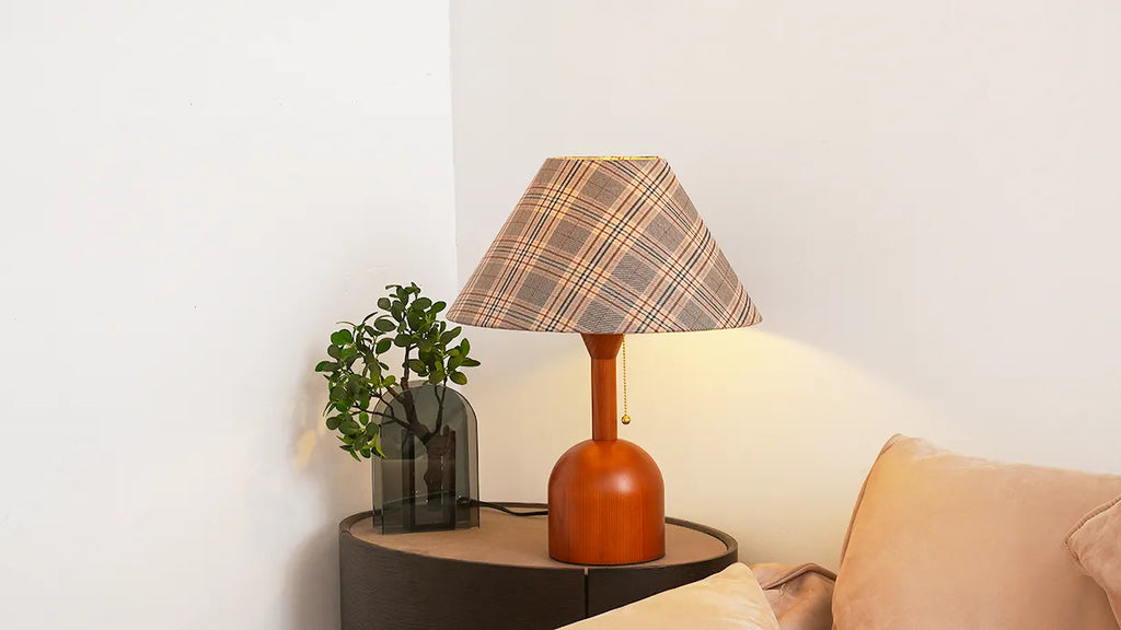 Vintage Plaid Table Lamp | Fabric Shade Bedside Light for Bedroom | Lologe