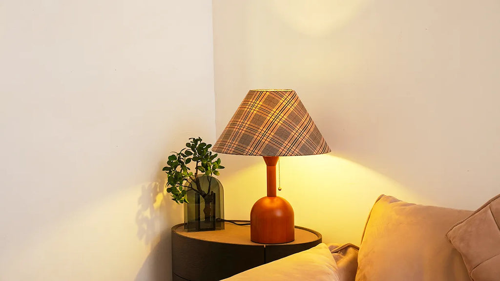 Vintage Plaid Table Lamp | Fabric Shade Bedside Light for Bedroom | Lologe