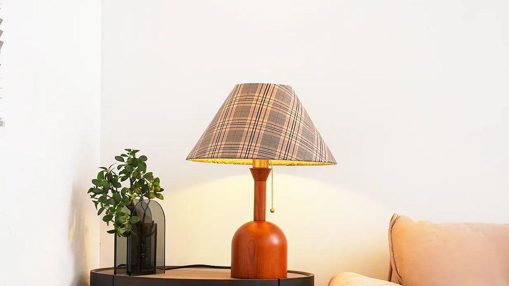 Vintage Plaid Table Lamp | Fabric Shade Bedside Light for Bedroom | Lologe