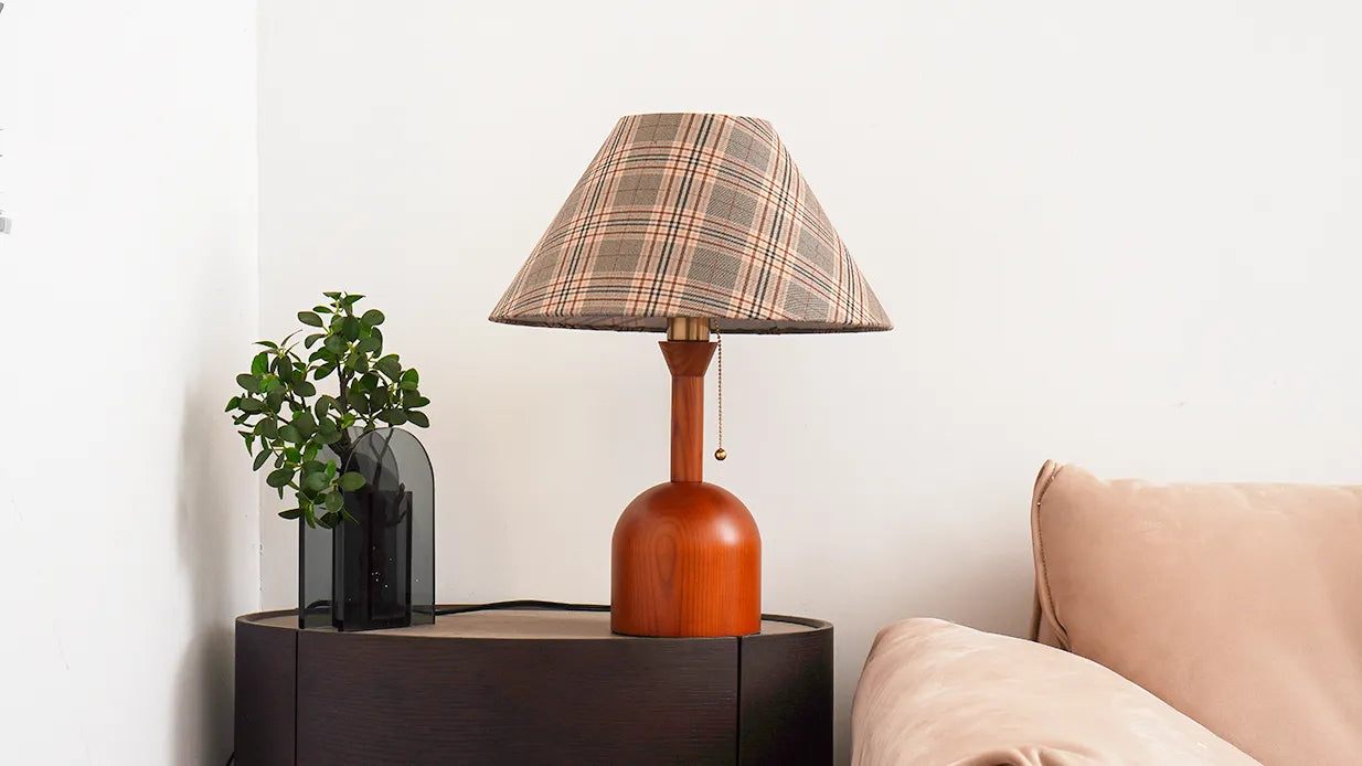 Vintage Plaid Table Lamp | Fabric Shade Bedside Light for Bedroom | Lologe