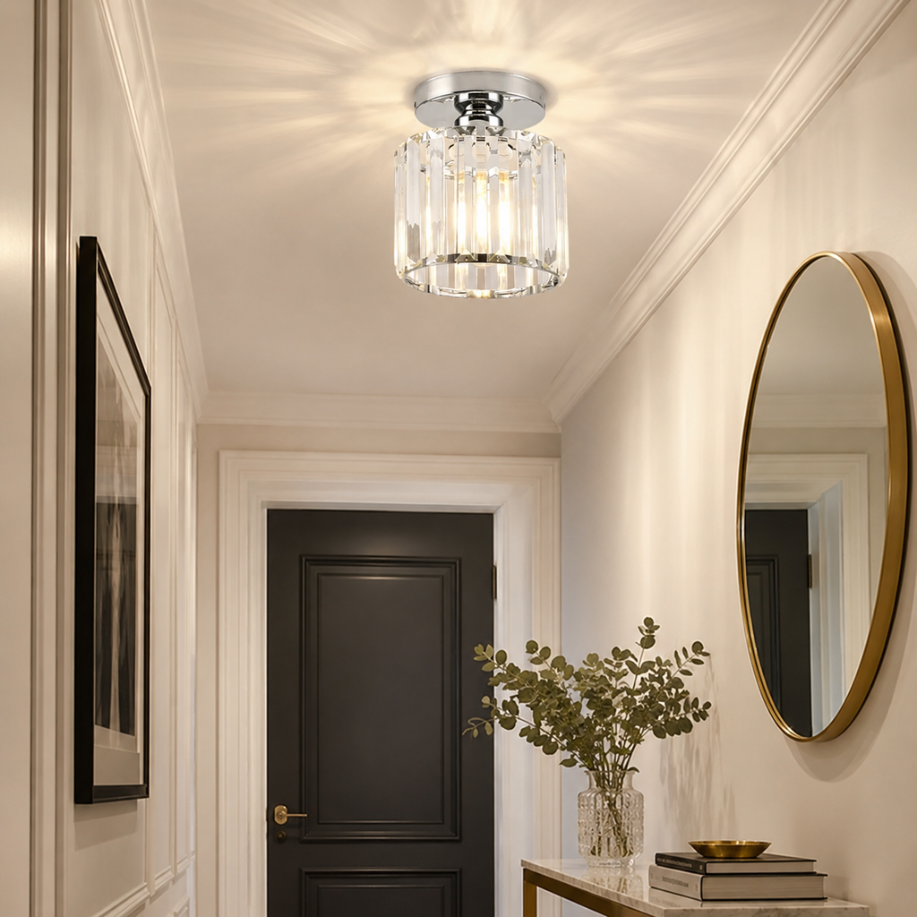 Crystal Silver Ceiling Light | Hallway | Flush Mount | Crystal Shade | Modern Glam Style | Round | Lologe